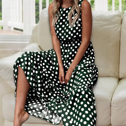 Women’s Polka Dot Maxi Dress Flowing Sleeveless Casual Look