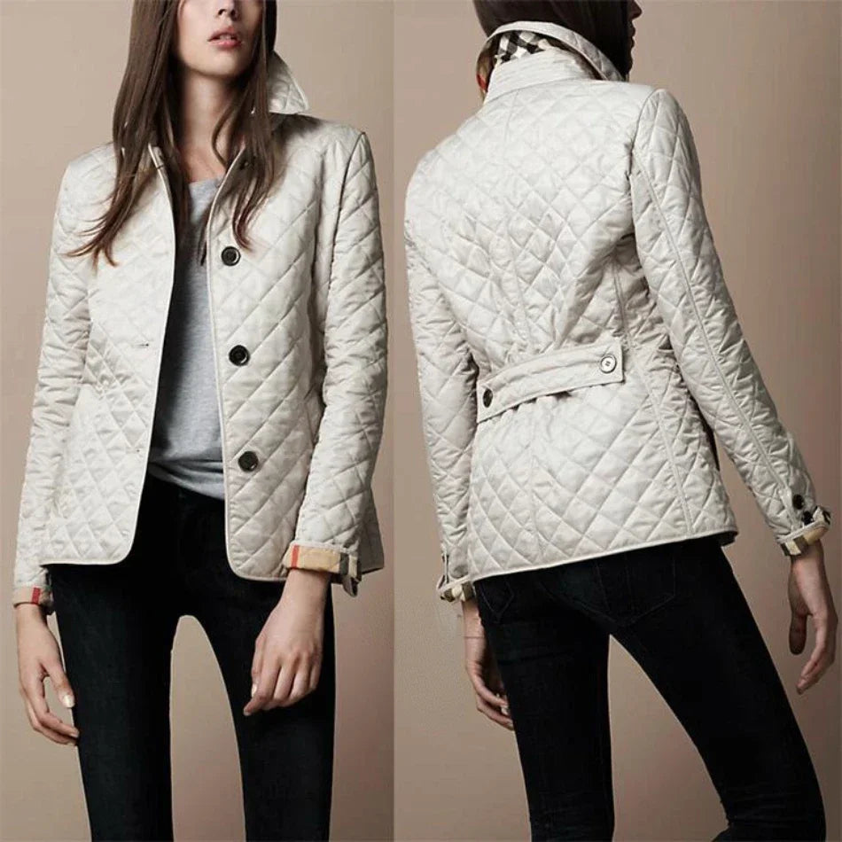 Women’s Diamond Quilted Bomber Jacket Chic Button-Up with Foldable Cuffs