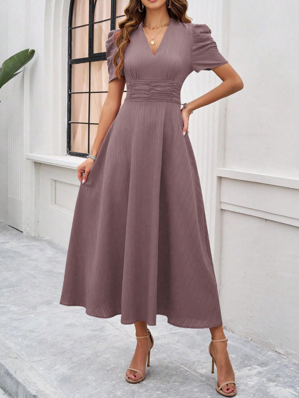 Variant image for V-Ausschnitt A-Line Midi-Kleid mit Puffärmeln für Damen - Festliches Kleid für Hochzeitsgast und elegante Anlässe-2