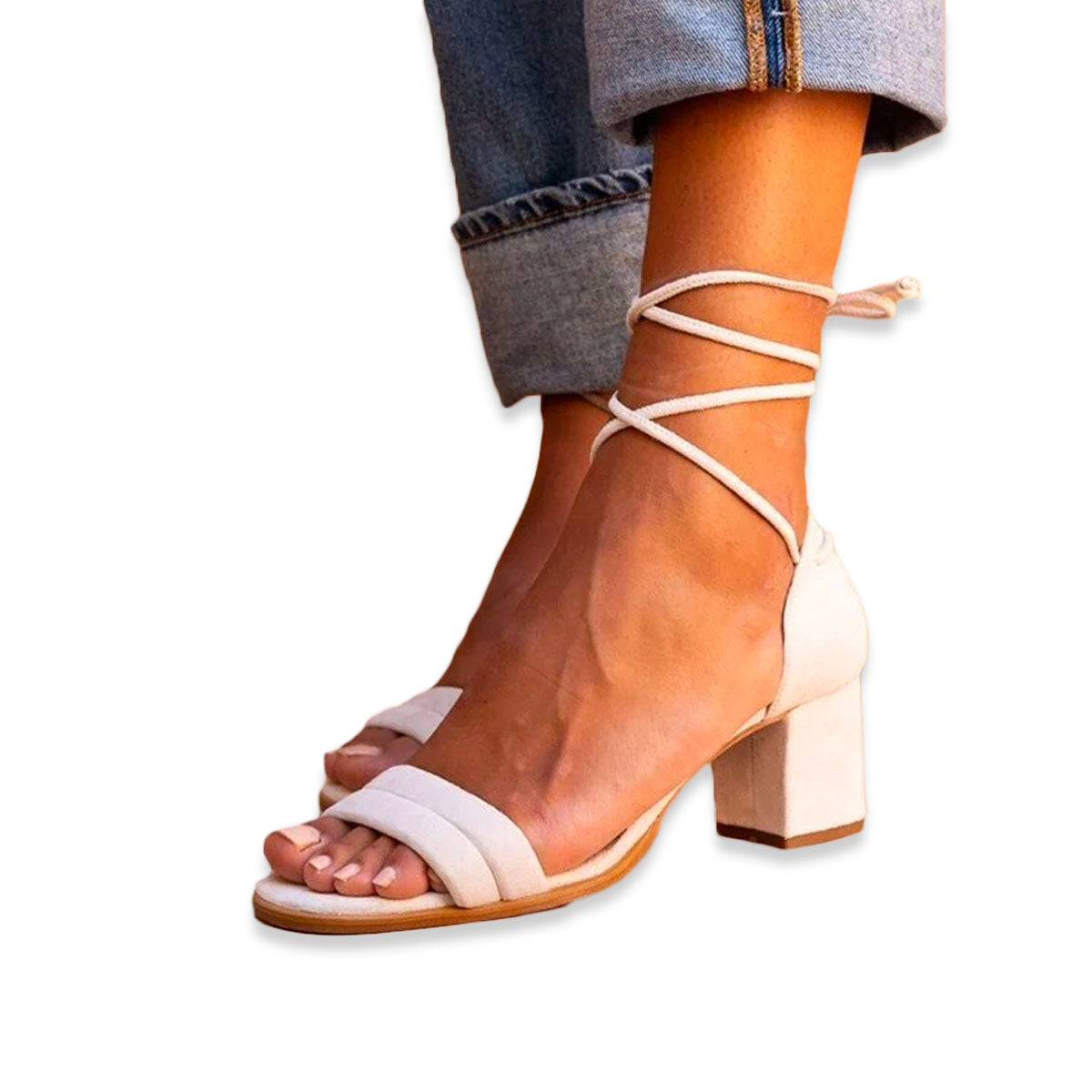 Bequeme Frauen Sandalen mit Blockabsatz, transparentem Zehenband und Schnürung aus nacktem Kunstleder
