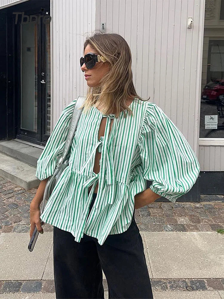Gestreiftes Puffärmel Damenoberteil - Elegantes Festliches Oberteil für Damen mit Komfort und Vielseitigkeit-4