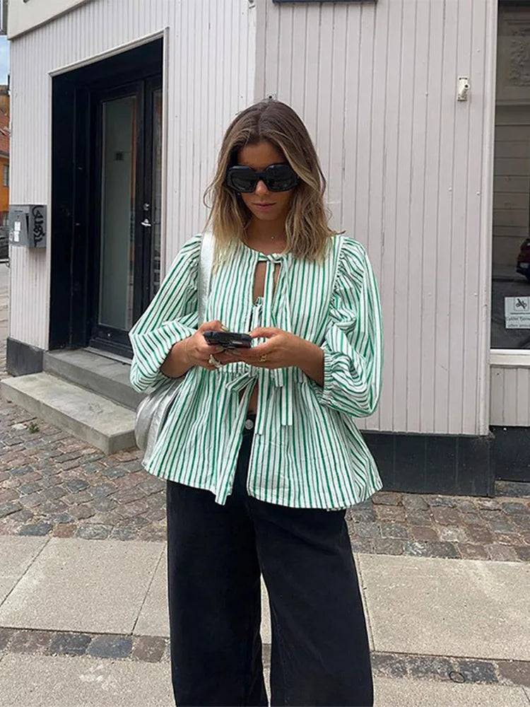 Gestreiftes Puffärmel Damenoberteil - Elegantes Festliches Oberteil für Damen mit Komfort und Vielseitigkeit-3