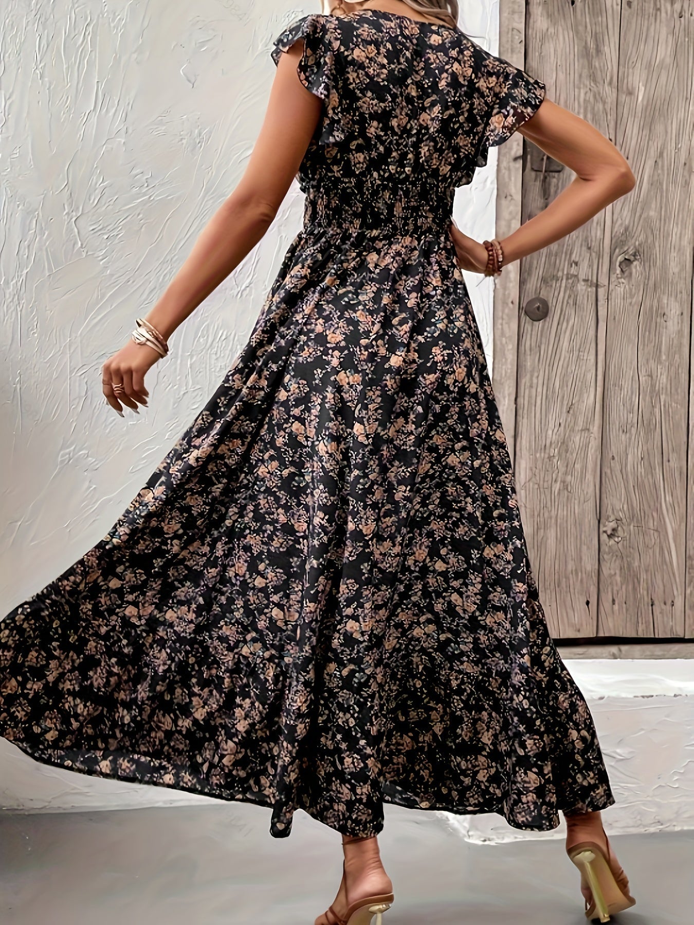A-Linien-Kleid Damen mit Rüschenärmeln und Elastischer Taille, Leichte Festliche Kleider für Frühling