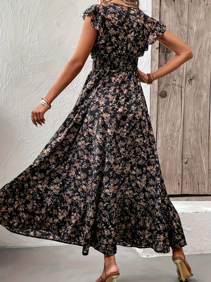 A-Linien-Kleid Damen mit Rüschenärmeln und Elastischer Taille, Leichte Festliche Kleider für Frühling