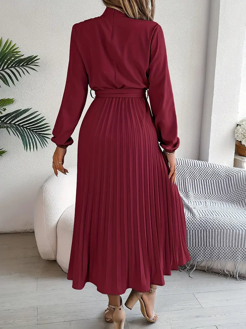 Women's Flattering Pleated Midi Dress with Belt