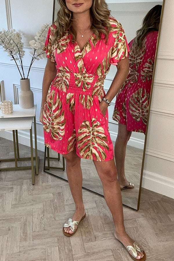 Blattdruck Damenkleid Mit Smocked Taille Für Sommerausflüge Und Strandkleidung 4