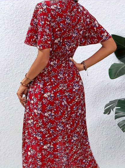 Feminines Boho-Damenkleid Mit V-Ausschnitt, Flatterärmeln, Leicht Und Atmungsaktiv, Ideal Für Den Sommer