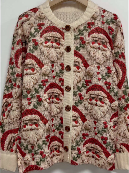 Women’s Holiday Button-Up Cardigan Santa Claus Embroidered Sweater for Winter
