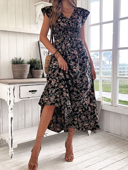 A-Linien-Kleid Damen mit Rüschenärmeln und Elastischer Taille, Leichte Festliche Kleider für Frühling