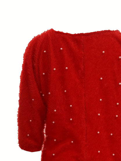 Women's Elegant V-Neck Pearl Detail Christmas Dress