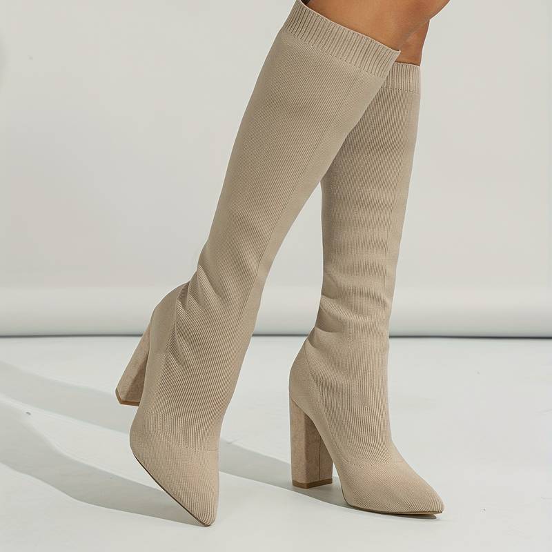 Women’s Stretch Fit Knee High Boots Elegant Pointed Toe with Block Heel