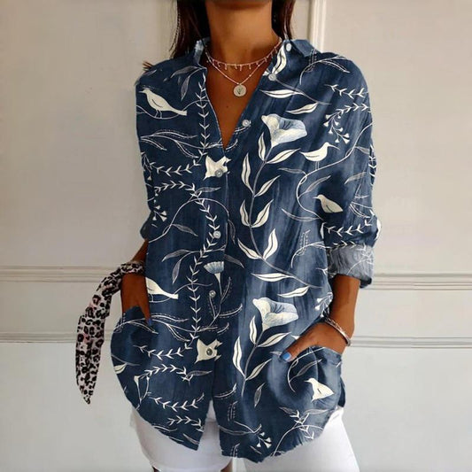 Vintage Damenbluse mit Blattdruck und Spitzenkragen für Elegante Looks-1