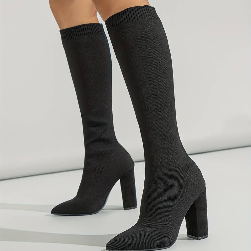 Women’s Stretch Fit Knee High Boots Elegant Pointed Toe with Block Heel