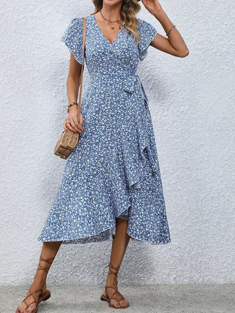 Elegantes Damenkleid Mit Flutterärmeln Und Wickeldetails - Ideal Für Hochzeitsgäste Und Festliche Anlässe