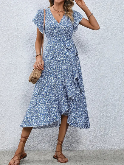 Elegantes Damenkleid Mit Flutterärmeln Und Wickeldetails - Ideal Für Hochzeitsgäste Und Festliche Anlässe