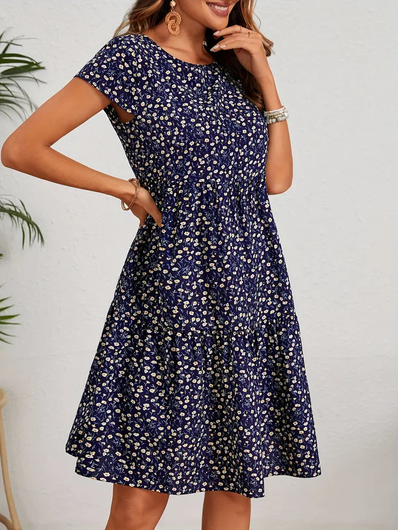Variant image for Vintage Blumenhochzeitsgast Kleid Mit Rundem Ausschnitt Und Kurzen Ärmeln - Festliche Kleider Für Damen-6