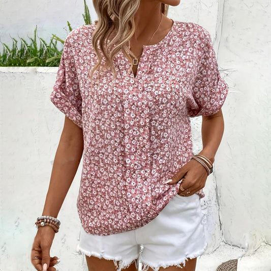 Vintage Blumenbluse für Damen, Kurzarm mit V-Ausschnitt aus Baumwoll-Polyester-Mischung, Damen Blusen für Frühling und Sommer-1