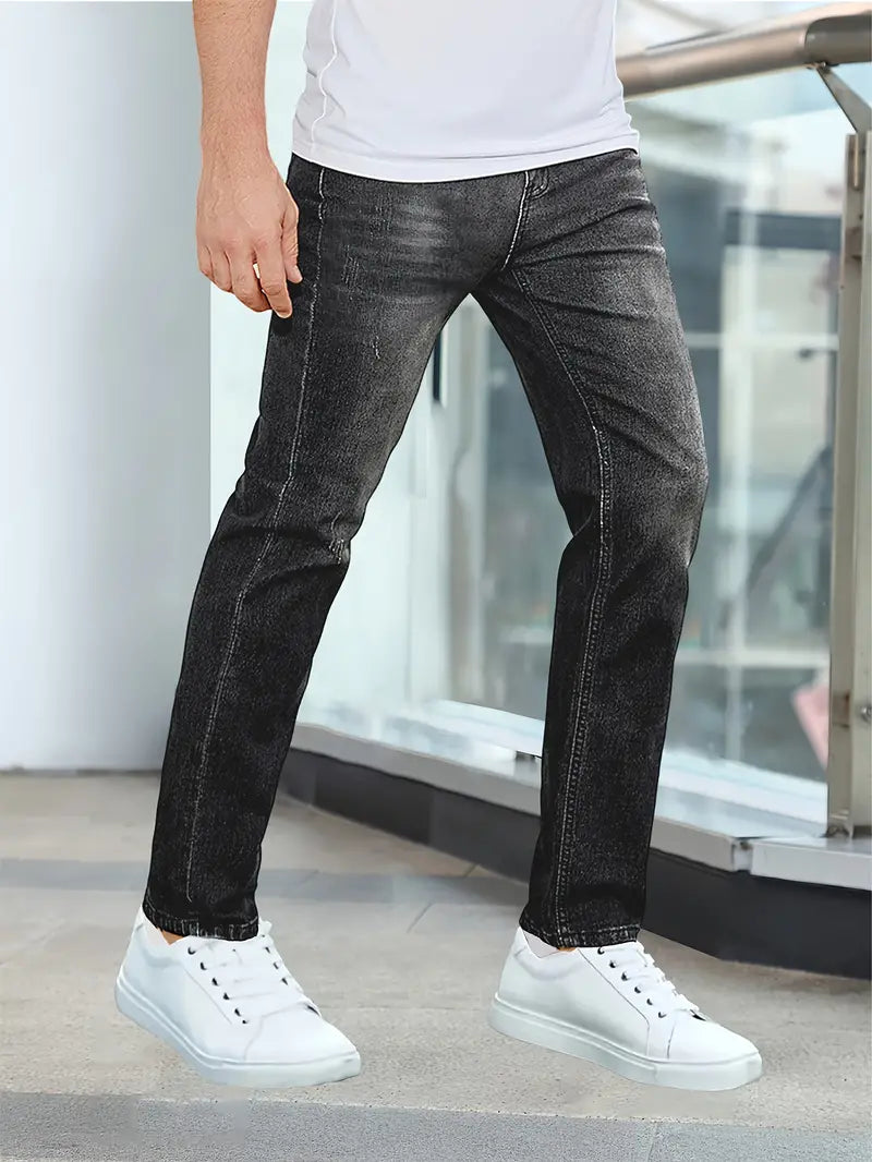 Herren Verblasste Jeans, Gerader Schnitt, Langlebige Baumwolle, Fünf-Pocket-Design-5