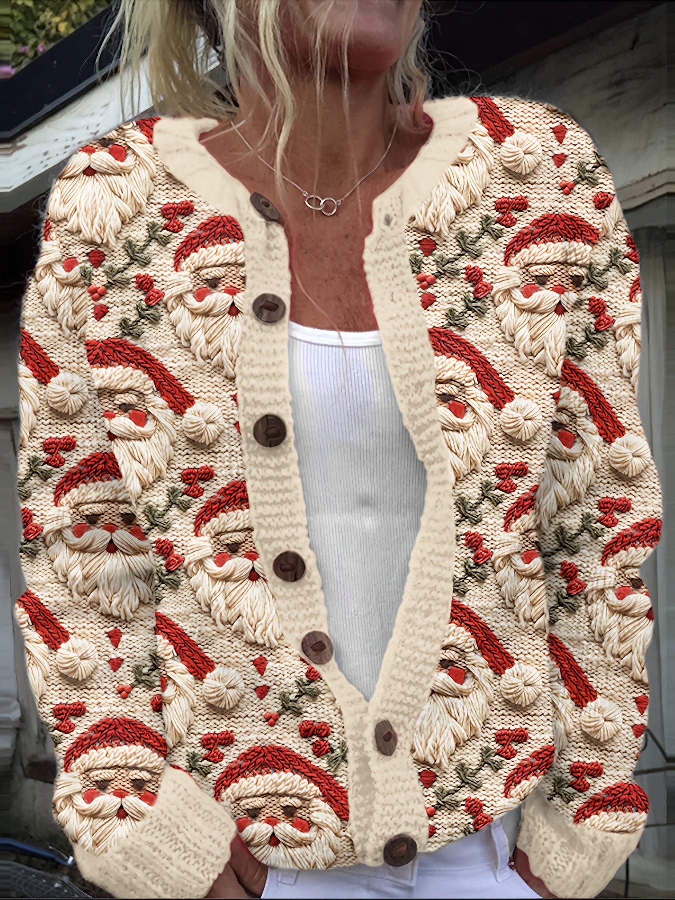 Women’s Holiday Button-Up Cardigan Santa Claus Embroidered Sweater for Winter