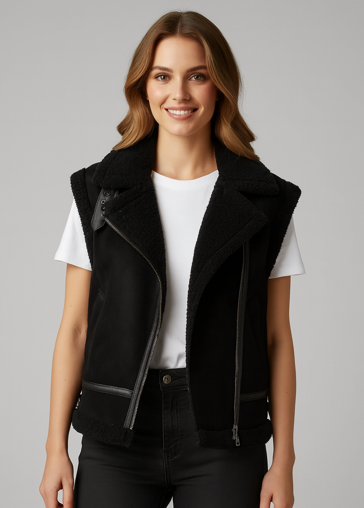 Damen Übergangs Teddyweste mit Reißverschluss und Umlegekragen