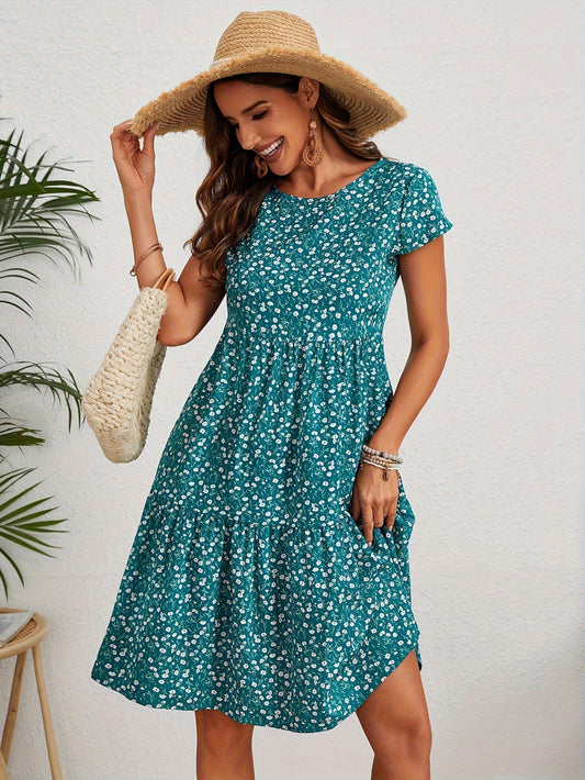 Vintage Blumenhochzeitsgast Kleid Mit Rundem Ausschnitt Und Kurzen Ärmeln - Festliche Kleider Für Damen
