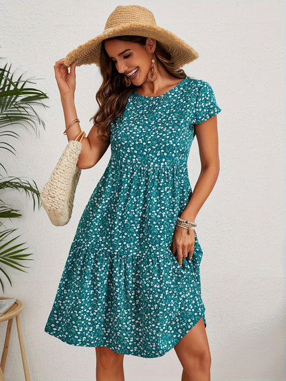 Variant image for Vintage Blumenhochzeitsgast Kleid Mit Rundem Ausschnitt Und Kurzen Ärmeln - Festliche Kleider Für Damen-1