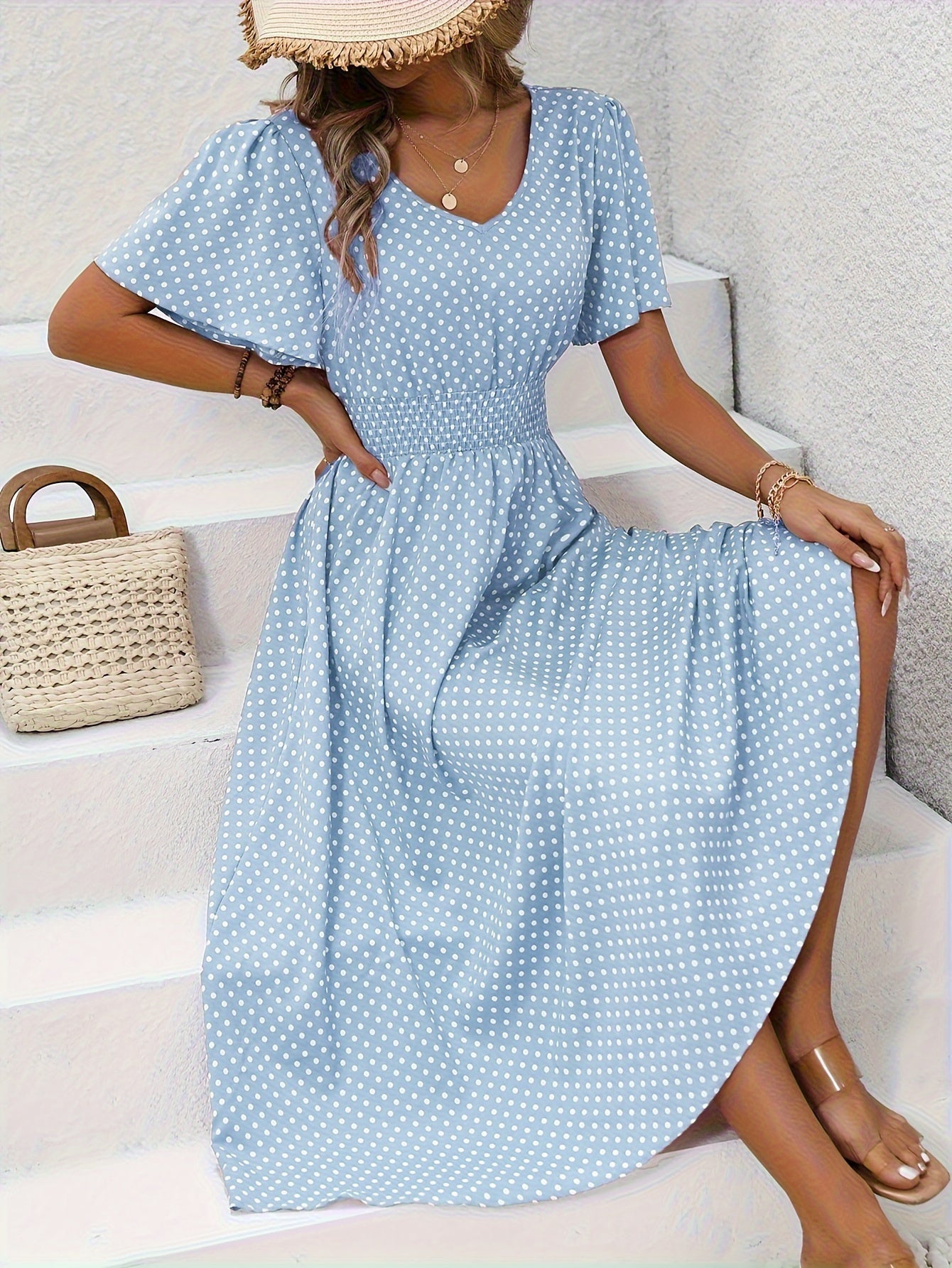 Feminines Sommerkleid Damen mit Gesammelter Taille, Leichtem Atmungsaktivem Stoff, Größen S-XXL, Ideal für Warme Tage