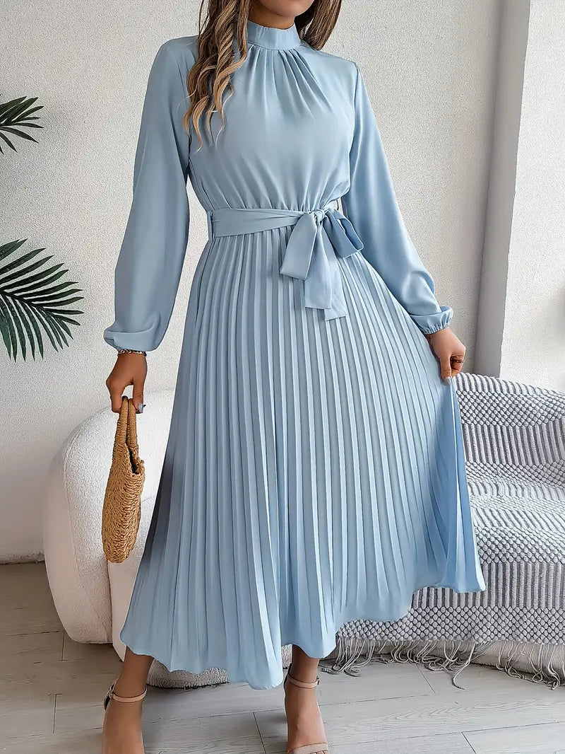 Women's Flattering Pleated Midi Dress with Belt