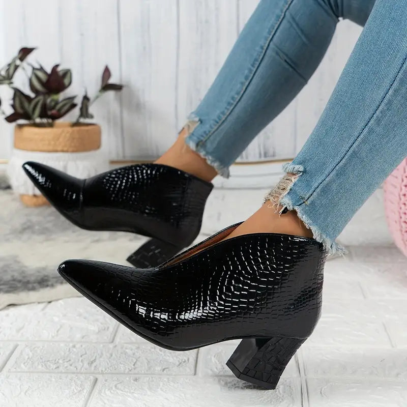 Women’s Elegant Ankle Boots Curved Cut with Mid Block Heel