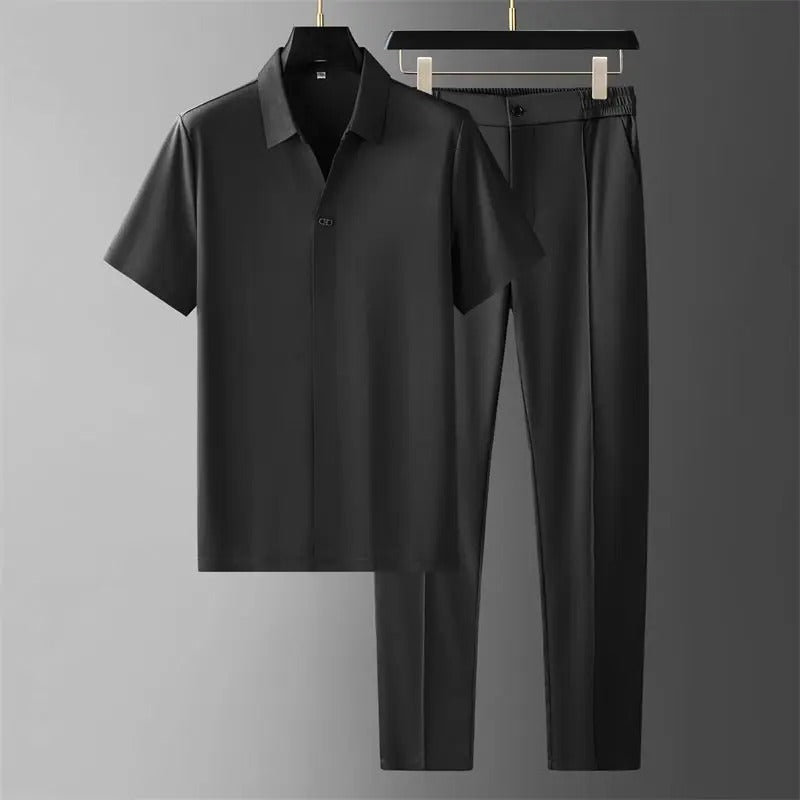 Men’s Casual Two-Piece Set Short-Sleeve Shirt & Slim Tapered Pants