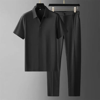 Men’s Casual Two-Piece Set Short-Sleeve Shirt & Slim Tapered Pants