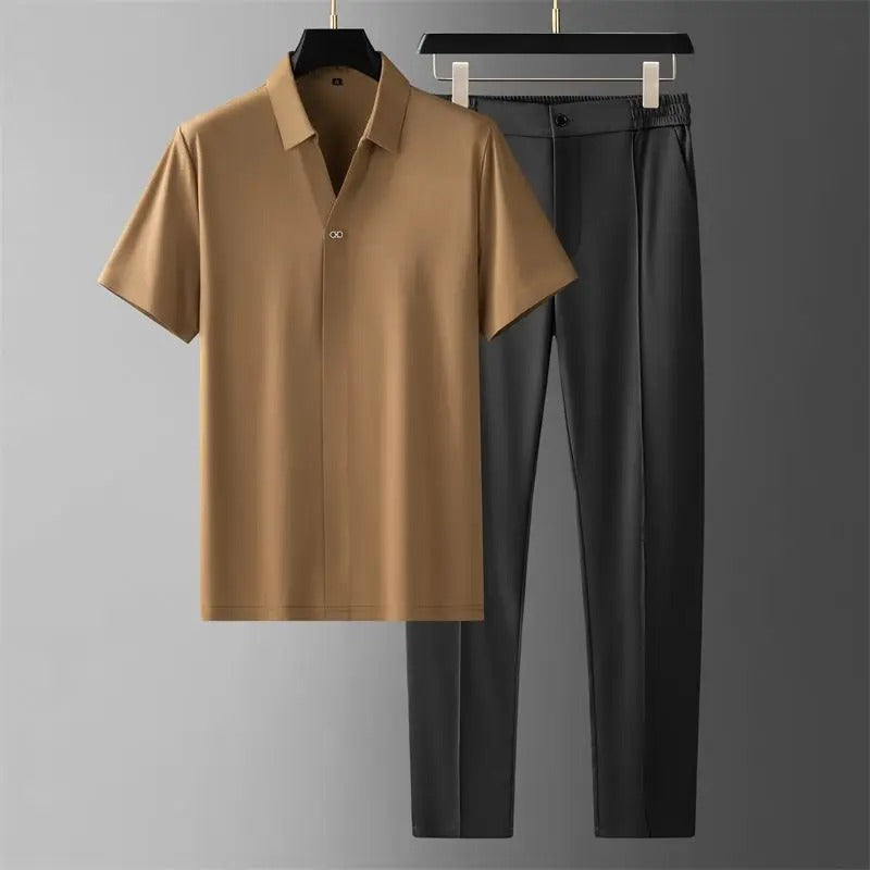 Men’s Casual Two-Piece Set Short-Sleeve Shirt & Slim Tapered Pants