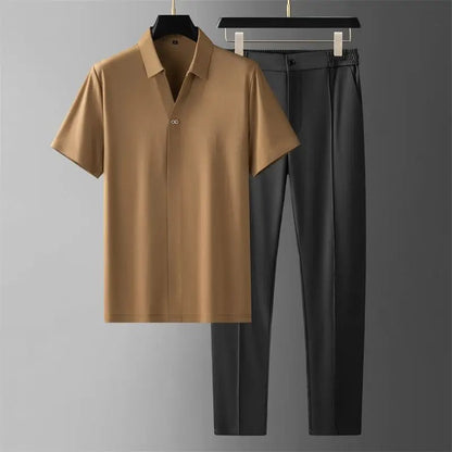 Men’s Casual Two-Piece Set Short-Sleeve Shirt & Slim Tapered Pants