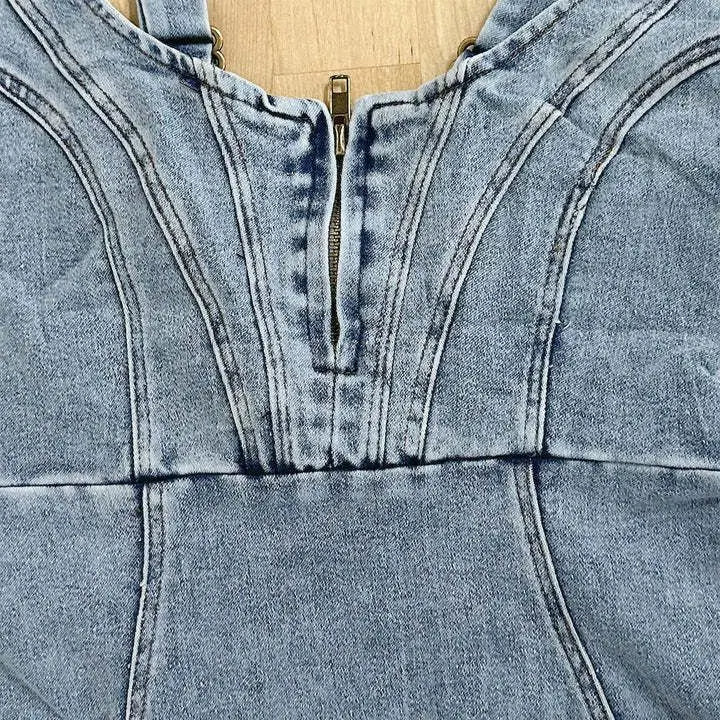 Wäsche Denim Midi-Kleid Damen mit Verstellbaren Trägern, Bodycon-Passform, Seitenschlitz und Tiefem Rundhalsausschnitt