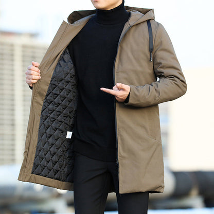 Men’s Quilted Hooded Coat Mid-Length Warm Jacket with Modern Zip