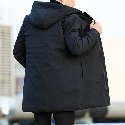 Men’s Quilted Hooded Coat Mid-Length Warm Jacket with Modern Zip