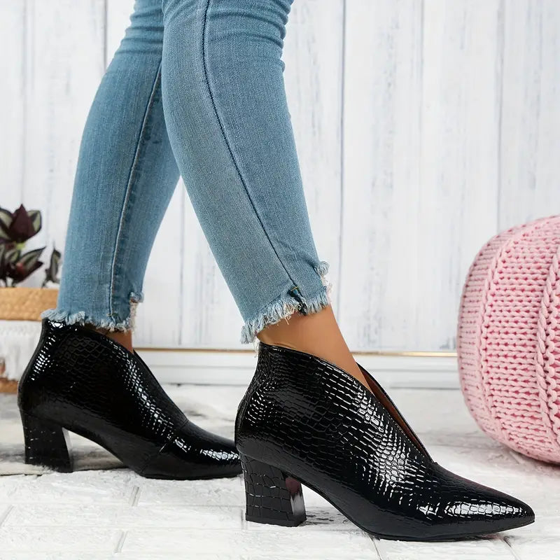 Women’s Elegant Ankle Boots Curved Cut with Mid Block Heel