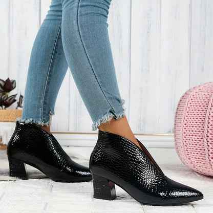 Women’s Elegant Ankle Boots Curved Cut with Mid Block Heel