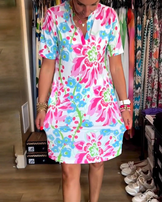 Blumen MIDI-Kleid Damen, Kurzarm V-Ausschnitt Sommerkleid aus weicher Baumwollmischung, lässig und urlaubsbereit