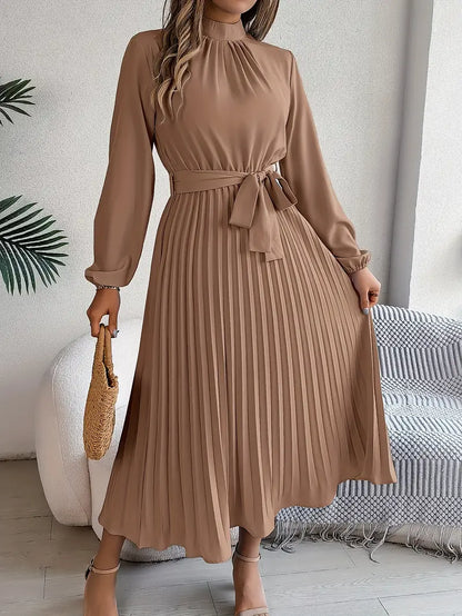 Women's Flattering Pleated Midi Dress with Belt