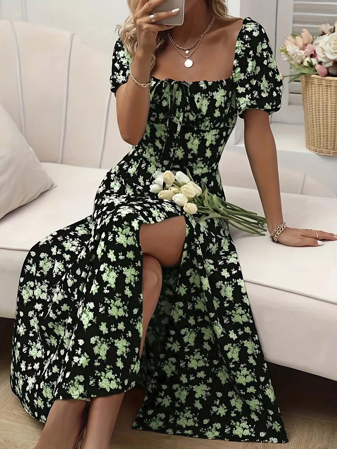 A-Linien Blumen-Sommerkleid mit Puffärmeln für Damen - Leichtes Festliches Kleid für Hochzeitsgäste