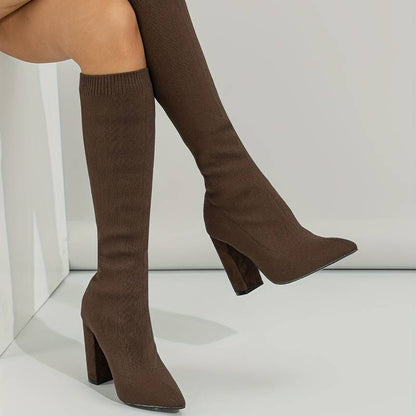 Women’s Stretch Fit Knee High Boots Elegant Pointed Toe with Block Heel