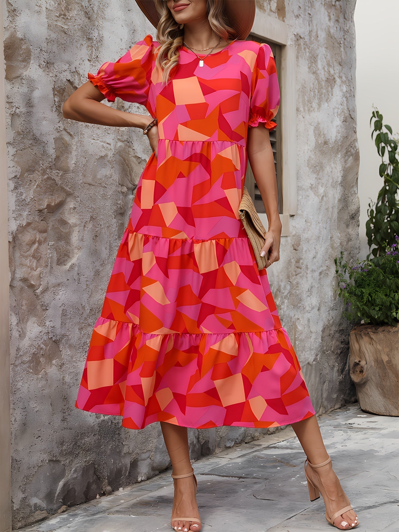 Boho Damenkleid Mit Puffärmeln, Gesammeltem Design, Atmungsaktiv, Ideal Für Hochzeitsgast Und Festliche Anlässe