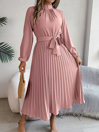 Women's Flattering Pleated Midi Dress with Belt
