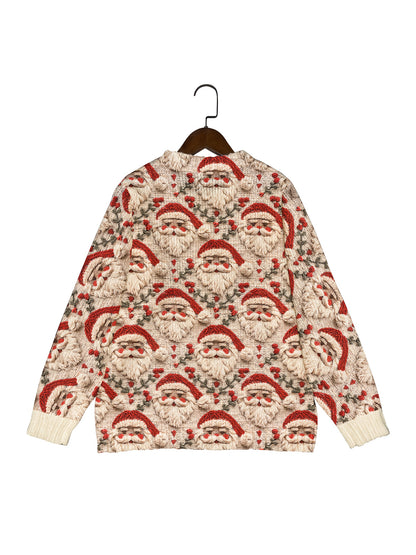 Women’s Holiday Button-Up Cardigan Santa Claus Embroidered Sweater for Winter