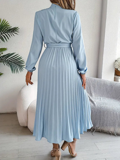 Women's Flattering Pleated Midi Dress with Belt
