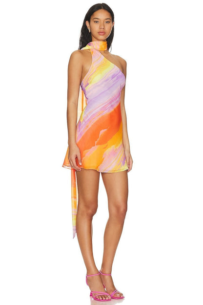 Seiden-Mini-Kleid Damen im Tropischen Sonnenuntergangsdesign – Leichte Sommerkleider für Strand und Abendveranstaltungen
