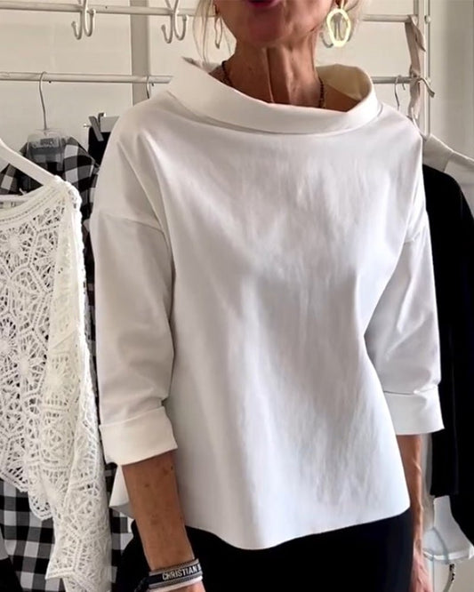 Elegante Damenbluse Mit Losem Rollkragenpullover Aus Baumwoll-Polyester-Mischung Für Sommer Und Herbst-1