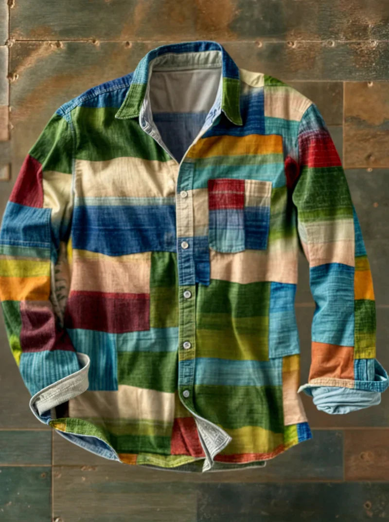 Men’s Long Sleeve Patchwork Shirt Modern Long Sleeve Casual Top