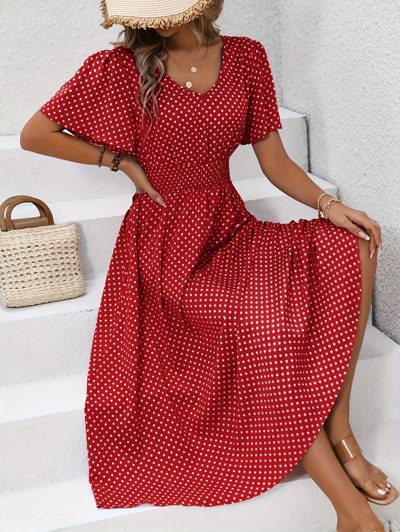 Feminines Sommerkleid Damen mit Gesammelter Taille, Leichtem Atmungsaktivem Stoff, Größen S-XXL, Ideal für Warme Tage